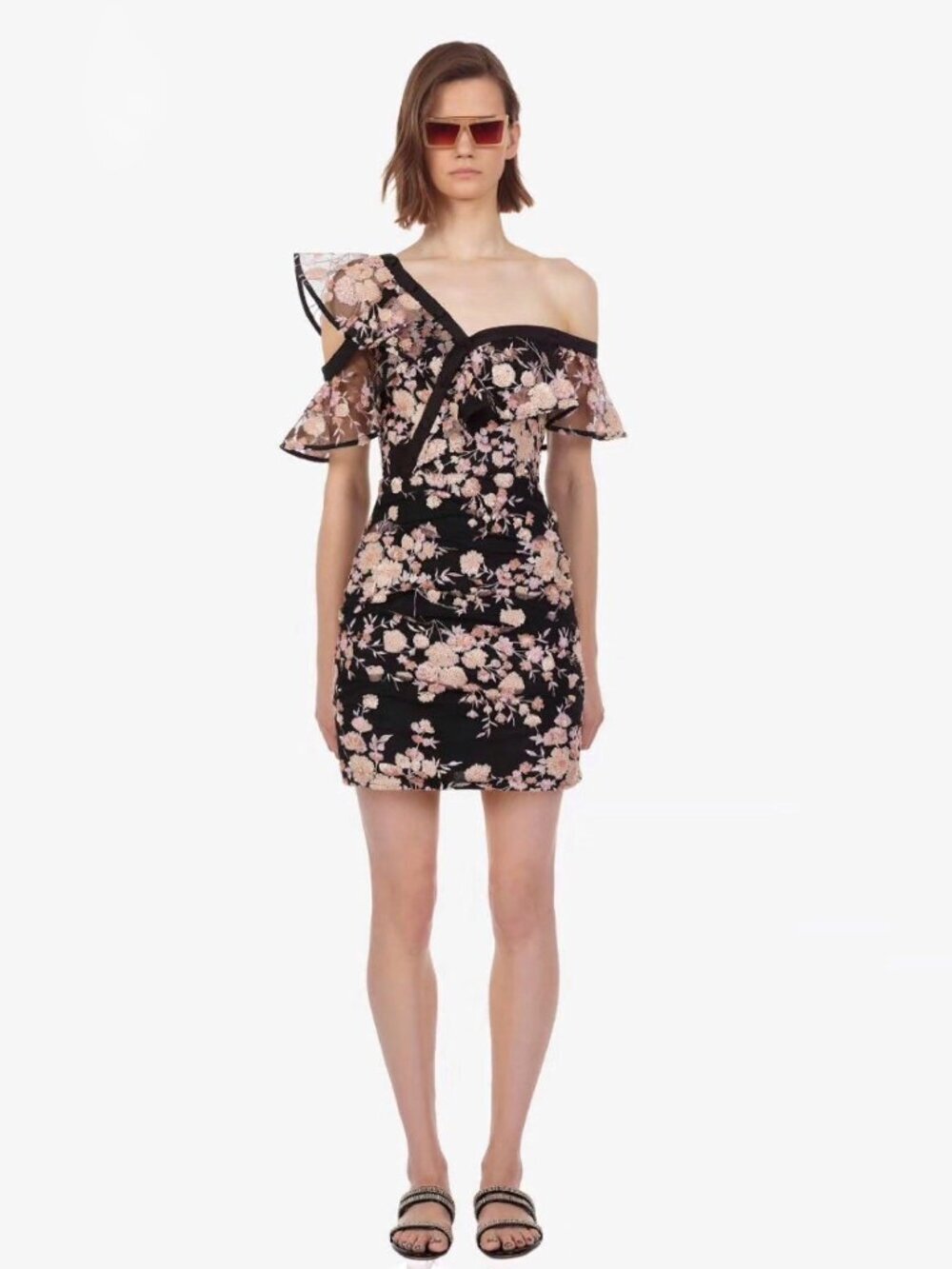 SELF PORTRAIT Midnight Floral Sequin Embellished Mesh Mini Frill Dress, Size 2